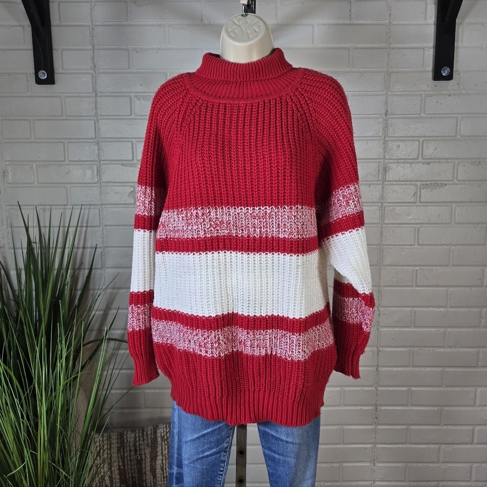 Vintage Cherry Stix Red and White Striped Women's Tunic Sweater Oversized Medium - Picture 3 of 7